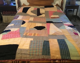 Antique Crazy Quilt, 64” x 76” Primitive Quilt Stitching, Farmhouse Decor, Patchwork Quilt, Vintage Quilt, Cotton Fabrics, Country Quilt