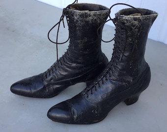 Vintage Victorian Hi-Top Boots: Black Leather, 8.75” tall, 18 eyelets,