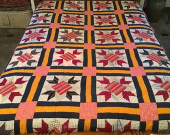 Vintage Quilt, KY made, Colorful Pattern, Blue Cotton Backing (83” x 87”)