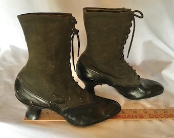 Vintage Victorian Hi-Top Boots: Black Leather & Green Canvas, 9" Tall