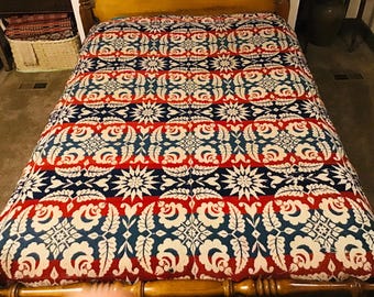 Vintage Wool Coverlet, 2-Panels, Red, Blue & White, tasseled edges, 64” x 76”