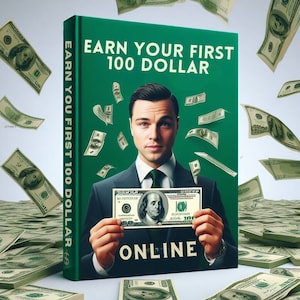 May include: A green book with the title "Earn Your First 100 Dollar Online". A man in a suit is holding a $100 bill. The background is a pile of dollar bills.