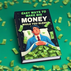 Könnte beinhalten: Ein Buchcover mit dem Titel "Easy Ways to Make Big Money While You Sleep". Das Cover zeigt eine Illustration einer Person, die in einem Bett aus Geld schläft.