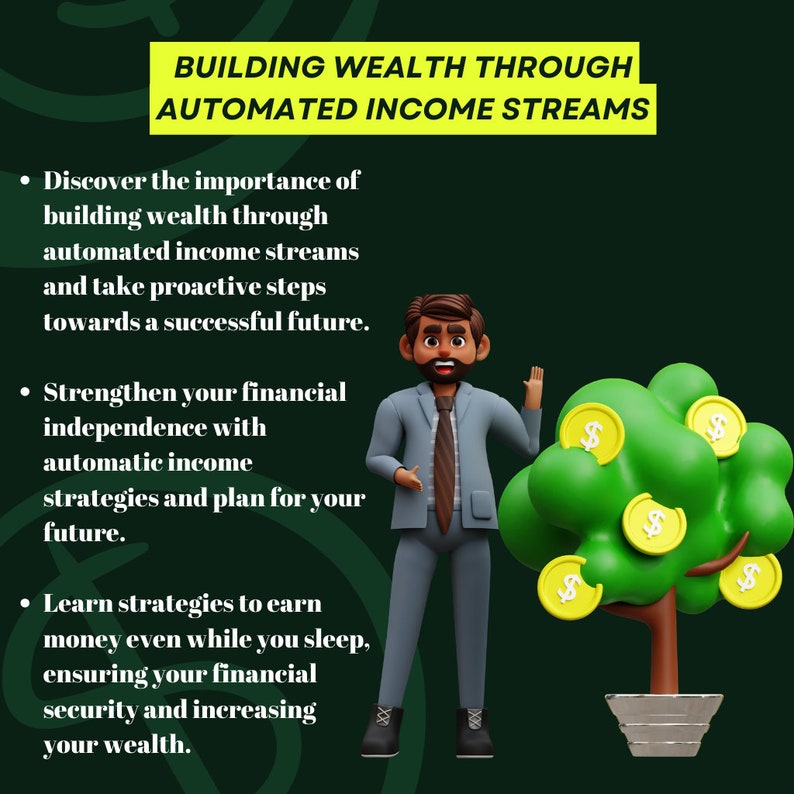 Op de afbeelding: Een cartoonillustratie van een man in pak die naast een geldboom staat. De tekst op de afbeelding luidt "Building Wealth Through Automated Income Streams". De tekst onder de afbeelding luidt "Discover the importance of building wealth through automated income streams and take proactive steps towards a successful future. Strengthen your financial independence with automatic income strategies and plan for your future. Learn strategies to earn money even while you sleep, ensuring your financial security and increasing your wealth."