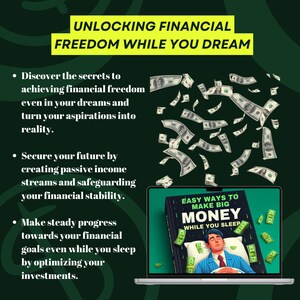 Op de afbeelding: Een laptop met een groene achtergrond. Het laptopscherm toont een cartoonillustratie van een persoon die slaapt op een bed met geld dat uit de lucht valt. De tekst op het scherm luidt "Easy Ways to Make Big Money While You Sleep".