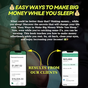 Op de afbeelding: Een screenshot van een mobiele telefoon die een bank-app toont met een saldo van $ 1.097,52 en $ 16.224,33. De telefoon staat naast een screenshot van een andere mobiele telefoon die een financi&euml;le app toont met een netto waarde van $ 23.400. De tekst "RESULTATEN VAN ONZE KLANTEN" wordt tussen de twee telefoons weergegeven.