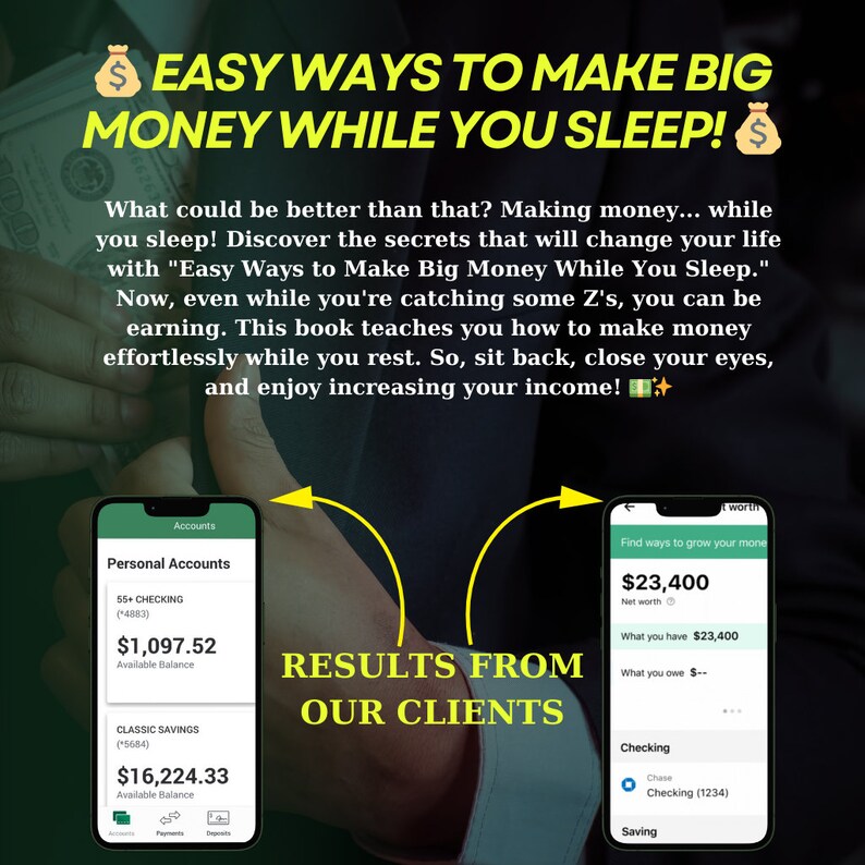 Op de afbeelding: Een screenshot van een mobiele telefoon die een bank-app toont met een saldo van $ 1.097,52 en $ 16.224,33. De telefoon staat naast een screenshot van een andere mobiele telefoon die een financi&euml;le app toont met een netto waarde van $ 23.400. De tekst "RESULTATEN VAN ONZE KLANTEN" wordt tussen de twee telefoons weergegeven.
