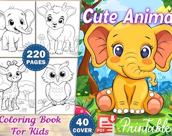 May include: A coloring book for kids featuring cute animal illustrations. The cover shows a yellow elephant with big eyes and pink ears. The book has 220 pages and is printable.  "Cute Animal Coloring Book for Kids" and "40 Cover" are printed on the cover.