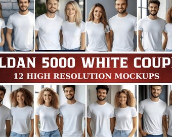 Gildan 5000 White Couple Mockup Bundle, 12 High Resolution Mockups for Couples,,Couples Model Mocks, White Gildan 5000 Men and Women Mockups