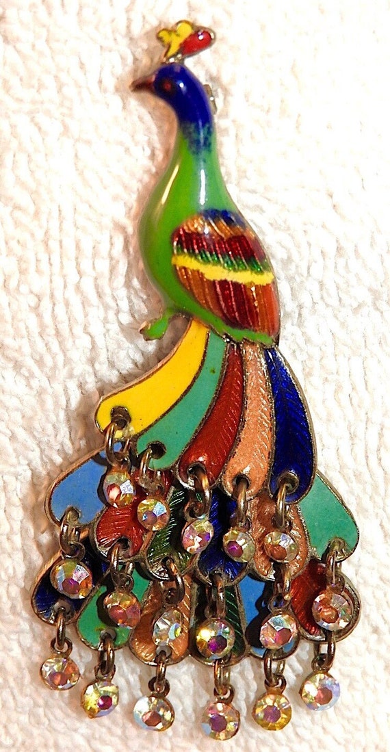 Vintage Peacock Pin Multicolored and Articulated w