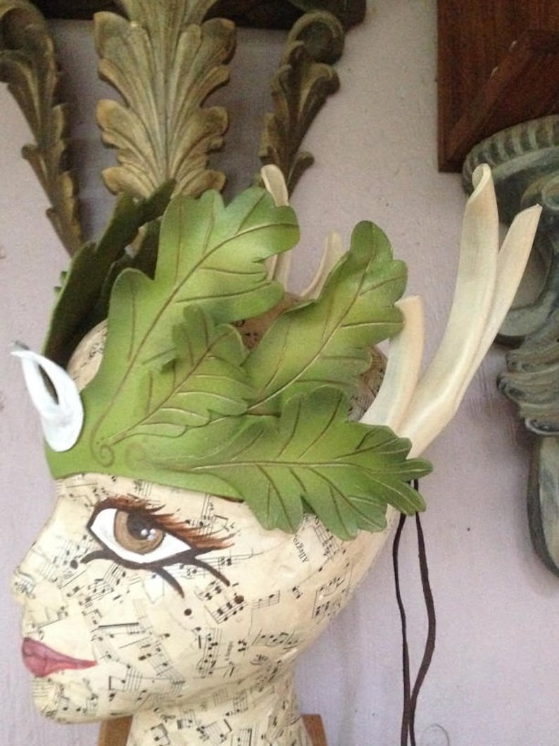 Antlers and crescent moon.. new forest fantasy leafy leather crown by Faerywhere Masks leaves