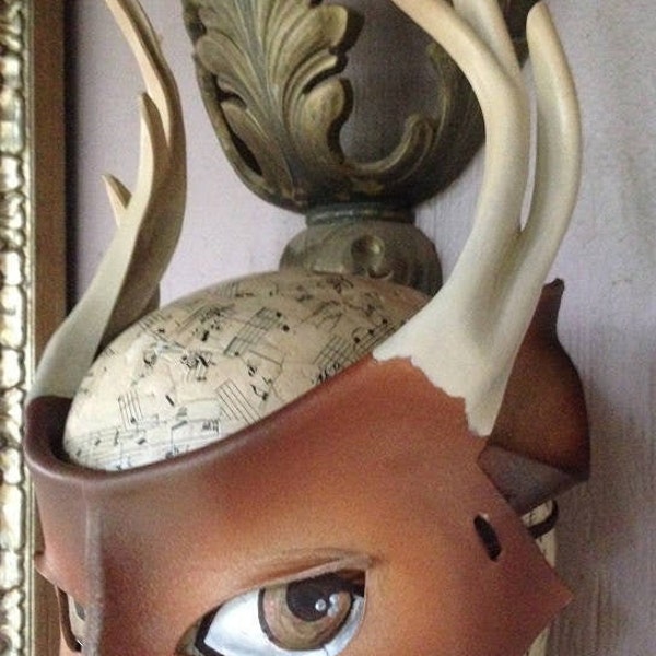 Deer mask, leather mask, white tail deer with antlers, nature greenman costume