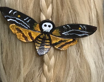 Deaths Head Hawkmoth hair clip, hand painted leather barrette