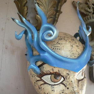 Bright blue with silver highlights, leather headpiece, Valkarie style leather crown by faerywhere