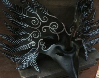 RAVEN Mask,  Black Crow leather mask, tribal spiral glow in the dark design mask by faerywhere