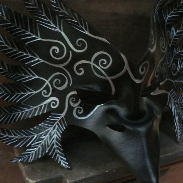 RAVEN Mask,  Black Crow leather mask, tribal spiral glow in the dark design mask by faerywhere