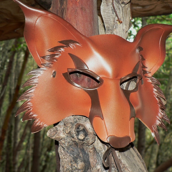 Renard, Masque de renard, brun orange brûlé foncé avec détails marron foncé Masque de renard, masque en cuir