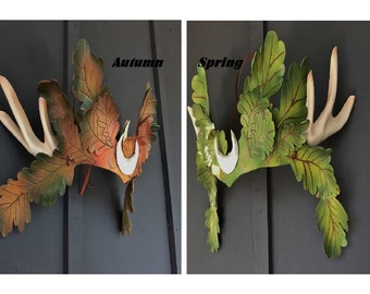 Antlers, leaves, and crescent moon... new forest fantasy leafy leather crown by Faerywhere Masks available in Autumn or spring colors