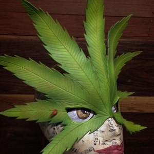Könnte beinhalten: Eine grüne Blattmaske mit einem bemalten Auge und einem roten Mund. Die Maske ist aus Leder und hat ein Notenmuster auf der Rückseite.