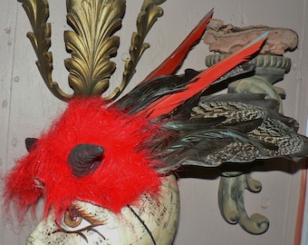 Horns, red faux fur with scarlet macaw tail feathers, head dress