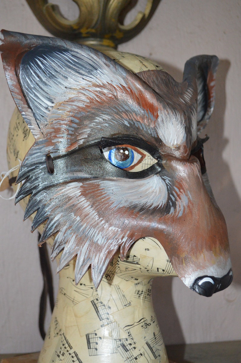 Wolf mask hand painted by Sherri Lynn Carroll Brown Timber Wolf Mask big bad wolf leather mask