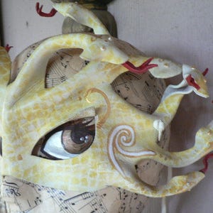 Medusa Mask, White with gold and yellow scales, blacklight reactive Medusa leather mask, snake mask, serpent mask