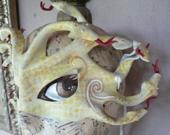 Medusa Mask, White with gold and yellow scales, blacklight reactive Medusa leather mask, snake mask, serpent mask