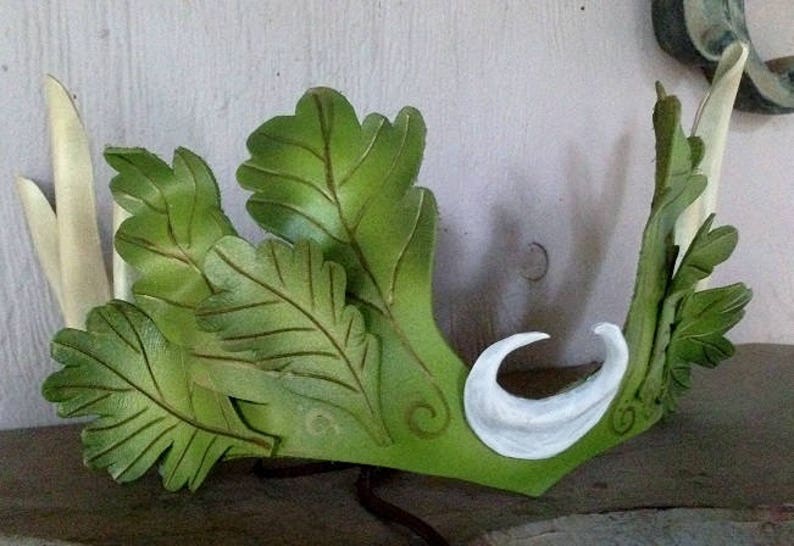 Antlers and crescent moon.. new forest fantasy leafy leather crown by Faerywhere Masks leaves