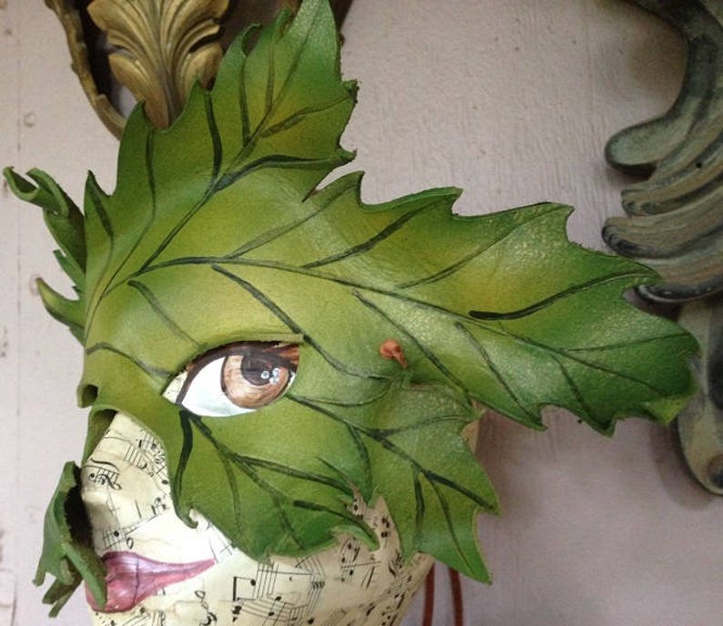 LEAF MASK, leather leaf, Spring Green leaf mask, leather mask by Faerywhere image 1