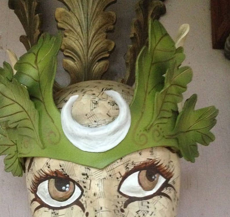 Antlers and crescent moon.. new forest fantasy leafy leather crown by Faerywhere Masks leaves
