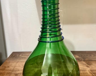 Blenko Tall Green Beaker Vase with Applied Cobalt Coils Rigaree by Don Shepherd