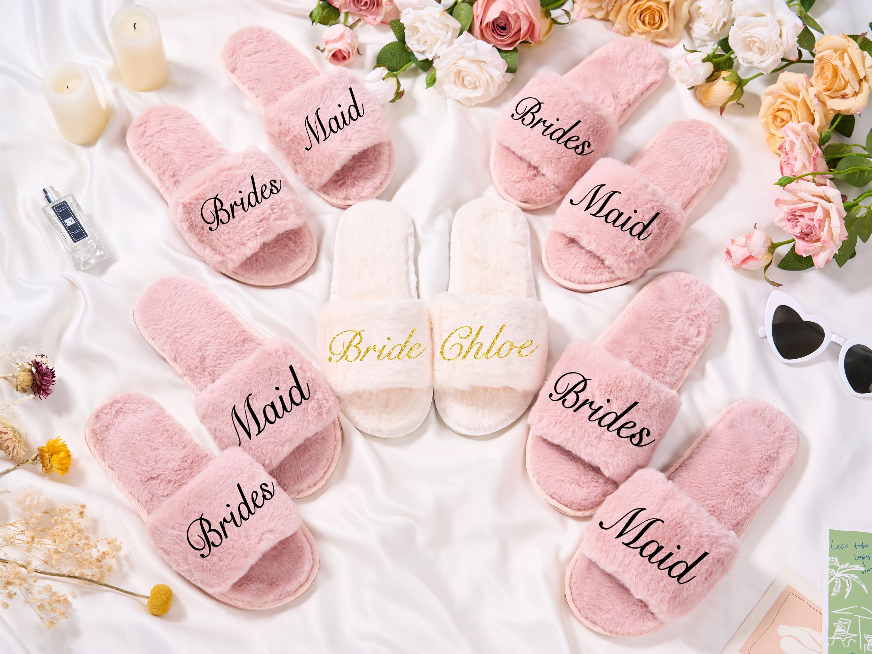 Custom Fluffy Slippers,Custom Bride Slippers,Bridesmaid Slippers,Personalized Bride Slipper,Bachelorette party slippers Bridesmaid Gifts