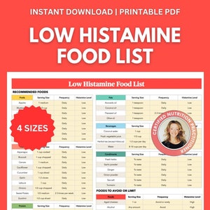 May include: A printable chart with a red header that says "Low Histamine Food List". The chart is divided into four sections: Recommended Foods, Fats, Beverages, and Condiments. Each section lists foods with their serving size, frequency, and histamine level. There is also a section titled "Foods to Avoid or Limit" that lists foods with their serving size, frequency, and histamine level.