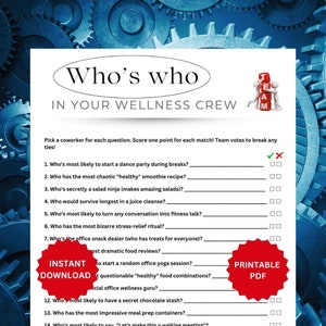Op de afbeelding: Een printbaar spel voor collega's om te spelen. Het spel heet "Wie is wie in jouw wellness-team" en stelt vragen over wie het meest waarschijnlijk bepaalde dingen doet die te maken hebben met gezondheid en welzijn. Het spel is ontworpen om met een team van collega's te spelen.