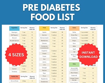 Pre Diabetic Food List for Pre Diabetes Diet: Diabetic Food Chart With Low Glycemic Index Foods Grocery List, Diabetes Food Guide, Printable