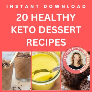 Peach background with white accents. Features title 20 Healthy Keto Dessert Recipes. Includes creator photo and 3 recipe images from the recipe book.