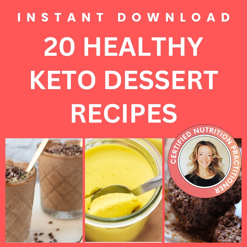 Peach background with white accents. Features title 20 Healthy Keto Dessert Recipes. Includes creator photo and 3 recipe images from the recipe book.