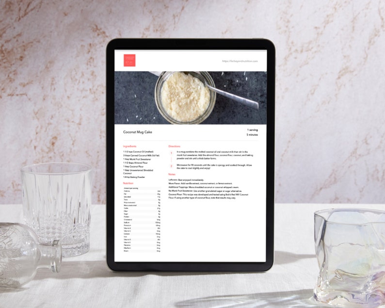 Tablet against light colored background. Tablet displays one of the recipes from the healthy keto dessert recipe collection.