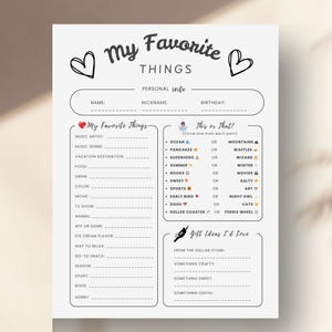 Favorite Things List Printable - My Favorite Things Survey, Get To Know You, All About Me Sheet, Team Building Questionnaire