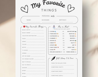 Favorite Things List Printable - My Favorite Things Survey, Get To Know You, All About Me Sheet, Team Building Questionnaire
