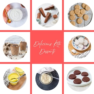 8 different delicious, keto-friendly dessert images against peach background.  White font, text reads Delicious Keto Desserts.