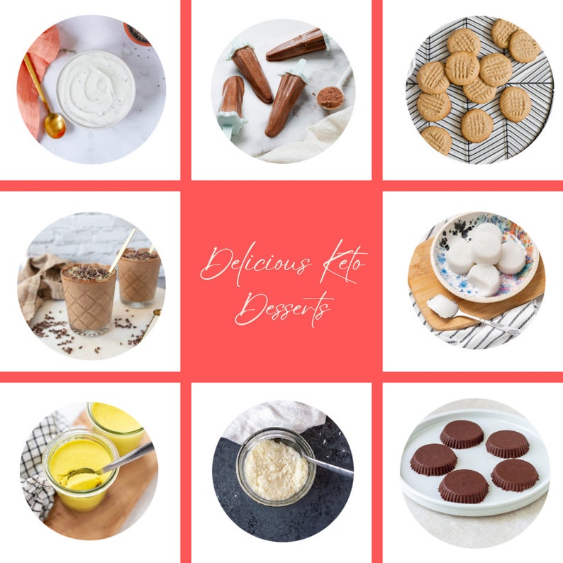 8 different delicious, keto-friendly dessert images against peach background.  White font, text reads Delicious Keto Desserts.