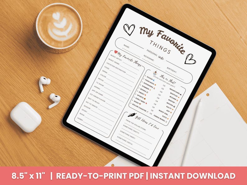 Favorite Things List Printable - My Favorite Things Survey, Get to Know ...