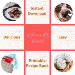 4 different delicious, keto-friendly dessert images against peach background.  White font, text reads Delicious Keto Desserts.