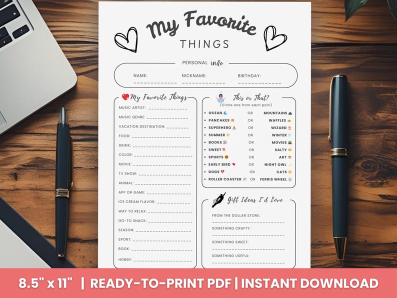 Favorite Things List Printable - My Favorite Things Survey, Get to Know ...