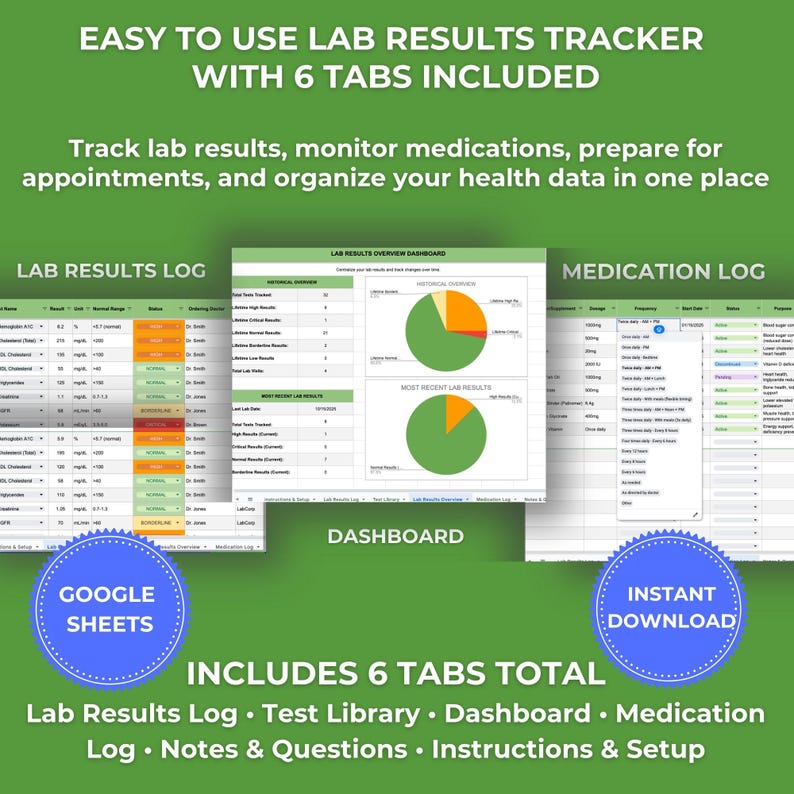 Lab Results Tracker: Blood Work and Medication Log Spreadsheet for ...