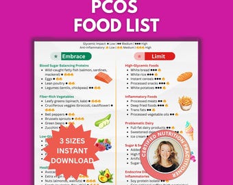 PCOS-voedsellijst en dieetplan: afdrukbare gids met lage glycemische voedingsmiddelen voor gewichtsverlies en hormoonbalans, polycysteuze eierstok, direct downloaden