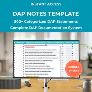 DAP Notes Template - 500+ DAP Statements, Google Sheets Progress Notes for Mental Health Therapists and Counselors
