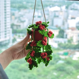 May include: A handmade, red crochet hanging planter with green leaves and red flower accents. The planter is suspended by a beige string, showcasing a detailed, textured design. The background is a blurred view of a cityscape.