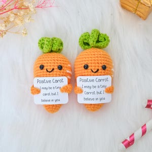 May include: Two crocheted orange carrots with green tops and smiling faces. Each carrot holds a sign that reads "Positive Carrot, I may be a tiny carrot but I believe in you."